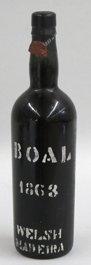 BOAL 1863 WELSH MADEIRA WINE: MEDIUM SWEET...Madeira Wine Company, Lda./Funchal/Produce of the Island of Madeira (Portugal) Wine level at bottom of neck.