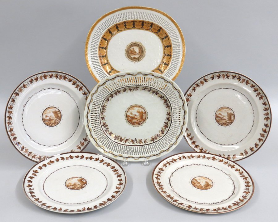 (on 6) MATCHES THE ABOVE-EXPORT PLATES: c. 1800, sepia decoration set of four plates 9.75”diam. (one with rim chip and hairline; one staple repaired); along with a reticulated small deep platter; and a similar reticulated platter with Cla