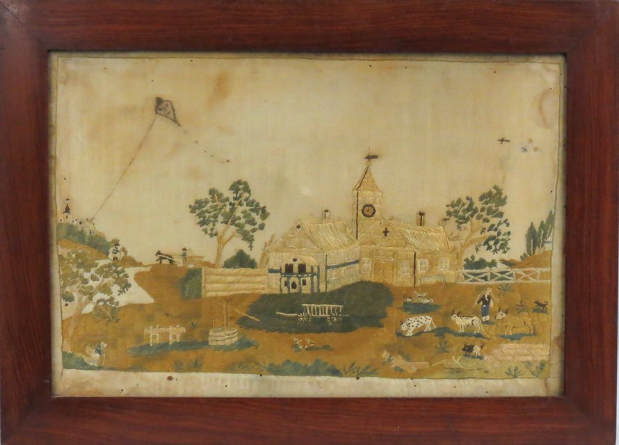 ENGLISH NEEDLEWORK PICTURE ON SILK: country overview with church, animals, people, kite in sky 12 by 17.75 in. (sight), grained frame, under glass