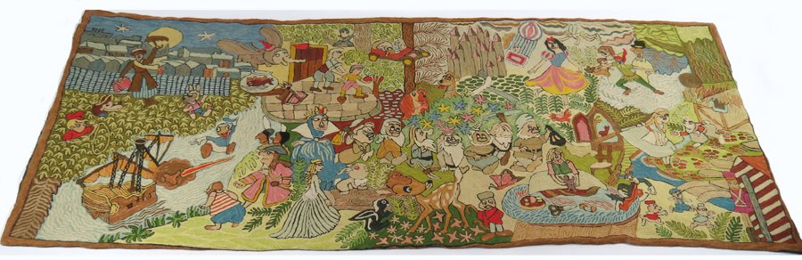 HOOKED WALL HANGING, DISNEY CHARACTERS: 1960’s, including Peter Pan, Snow White, Donald Duck, Snow White, etc... 3’10” x 8’7”, linen backing