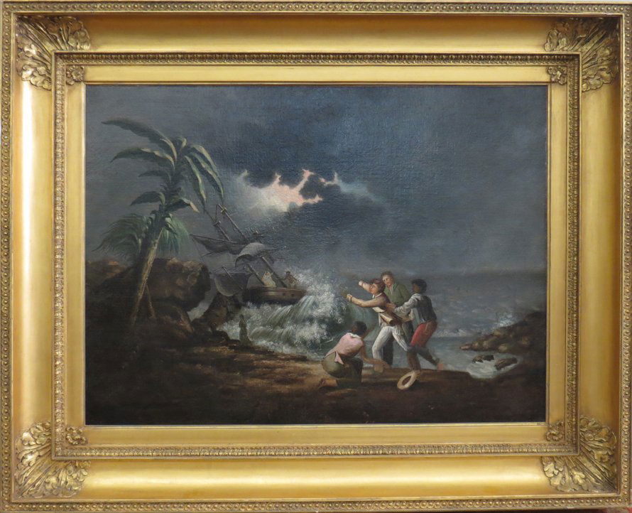 AMERICAN, 19th c.: school of THOMAS BIRCH (1779-1851) to the rescue, islands shipwreck unsigned, o/c (relined), 29.5 by 40 in., gilt frame From the estate of a Connecticut woman.