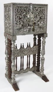 EXCEPTIONAL SPANISH COLONIAL SILVER-CLAD VARGUENO: 1750-1760, Bolivia the latch with two clear marks: one the mark of Sequeiro, the other a crowned CG; outstanding silverwork depicting hunt scenes with Spanish and indigenous hunters; interior fitted w