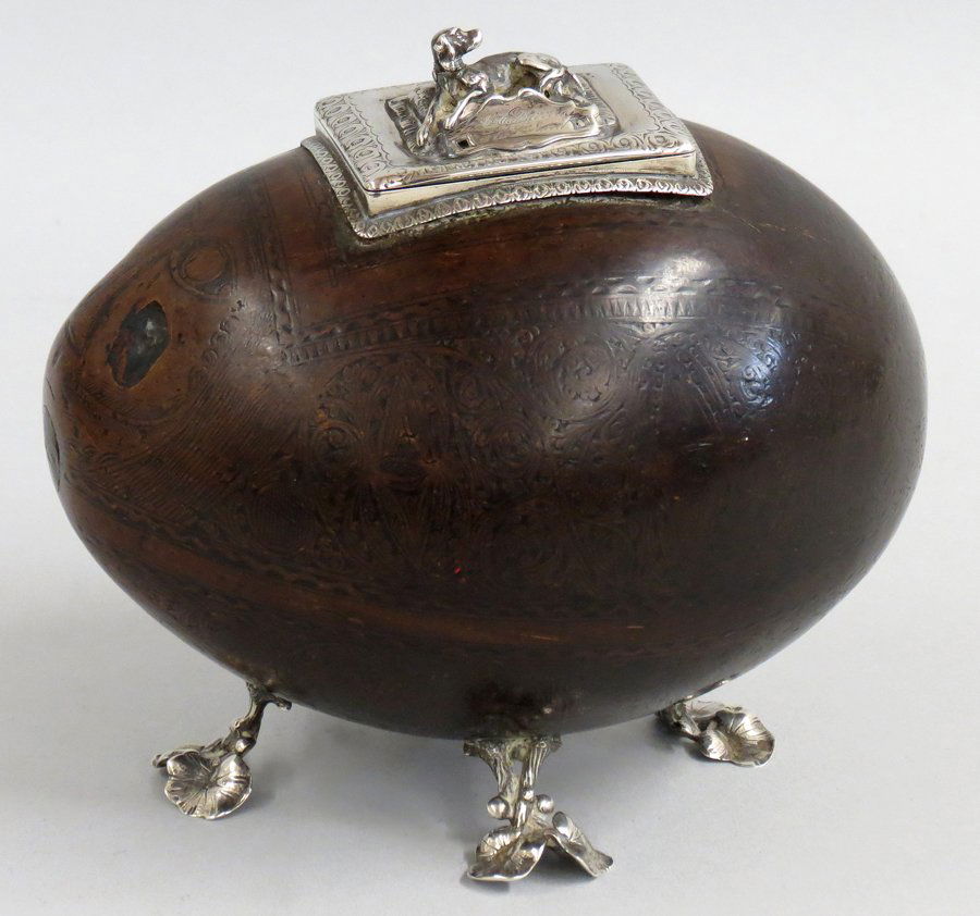 SPANISH COLONIAL SILVER MOUNTED COCONUT MONEY BOX (1 of 4)