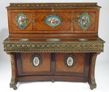 FRENCH NAPOLEON III UPRIGHT ART-CASED PIANO: prob. Erard Piano Manufacturers, Paris, c. 1850 Louis XVI-Revival case poss. by Edouard Kreisser (active 1843-63) overall ormolu mounts on cross-banded tulipwood, with eight inset oval Sevres-style po