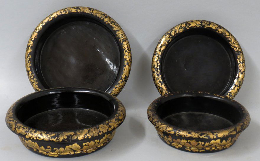 (2) PAIRS OF CHINESE LACQUER WINE COASTERS: 19th c., with gilt decoration, 5" and 6" diam. Prov. Captain David Cushman, Jr. (1807-1878), China Trade ship captain