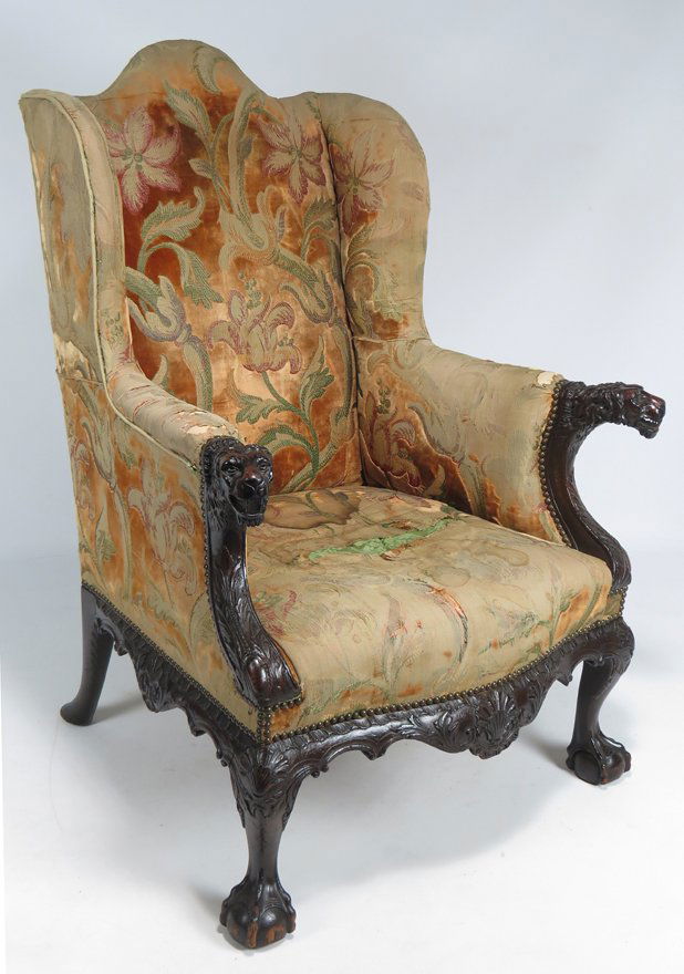 18TH C. IRISH FIGURAL CARVED MAHOGANY WING CHAIR (1 of 5)