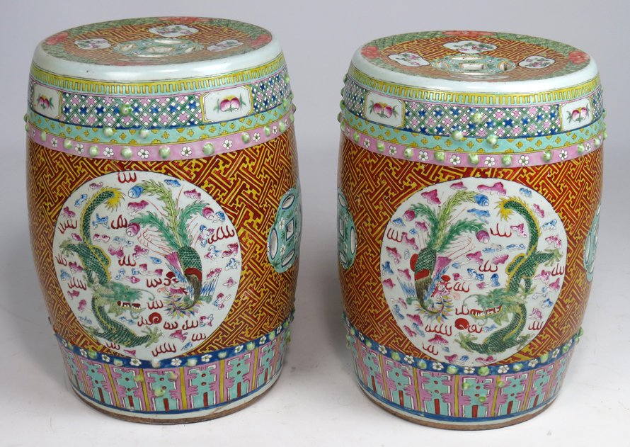PAIR OF CHINESE EXPORT PORCELAIN GARDEN BARRELS: Republic period, dragon design medallions, 19.5"h; top, 12"diam.