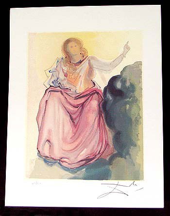 Salvador Dali - Beatrice resolves the doubts of: Beatrice Resolves The Doubts of Dante Salvador Dali Lithograph This litho depicts a religious figure pointing upward and sitting amongst a smoky and billowy cloud. This litho is numbered and facsimile