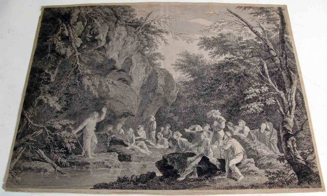 Antique Engraving 1600's 18" by 33" Unframed: This is an incredible 400+ year old engraving in beautiful condition. The size is 18" by 33". It depicts a man emerging from a forest holding a cross, and a large group of others watching him by a str
