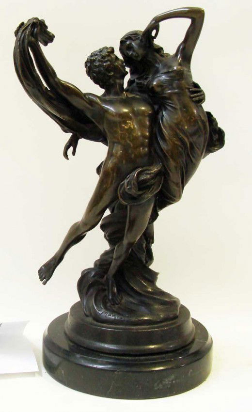 Eugene Marioton "The Embrace" Bronze Sculpture: Eugene Marioton, French (1854-1925) Classical Man and Woman Sculpture Bronze on a Marble Base with Signature on the base Condition: This sculpture is in a very good condition and a great piece of art