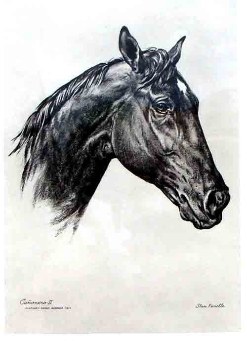 Canonero II Portrait 1971 Kentucky Derby Winner: Canonero Portrait Beautifully Framed in Silver Gilted Wood Engraving of The Kentucky derby Winner for 1971, Canonero II by Stan Fenelle printed circa 1975 Dimensions 16" by 12"