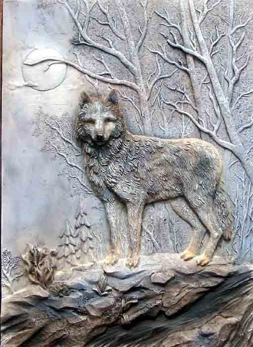 Framed Relief Sculpture Timber Wolf in Winter Sc: Framed Hand Painted Cast Relief Sculpture Timber Wolf in Winter Scene Dimensions 26" by 22" by 1" deep
