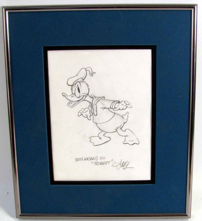 Larson Animator Drawing Donald Duck Disney: Certificate says Animation Artist "Jack Larson" This may actually be by famous animator Eric Larson Disney Studio Animator and Artist 1980's and 1990's Pencil Drawing Signed by the artist with a salut