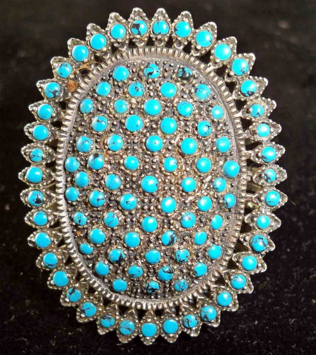 Antique 50+ Year old Afghan Silver Ring w Turquoise: Antique genuine silver ring with turquoise. Huge ring 1.75" inches all the way around over 350 stones.
