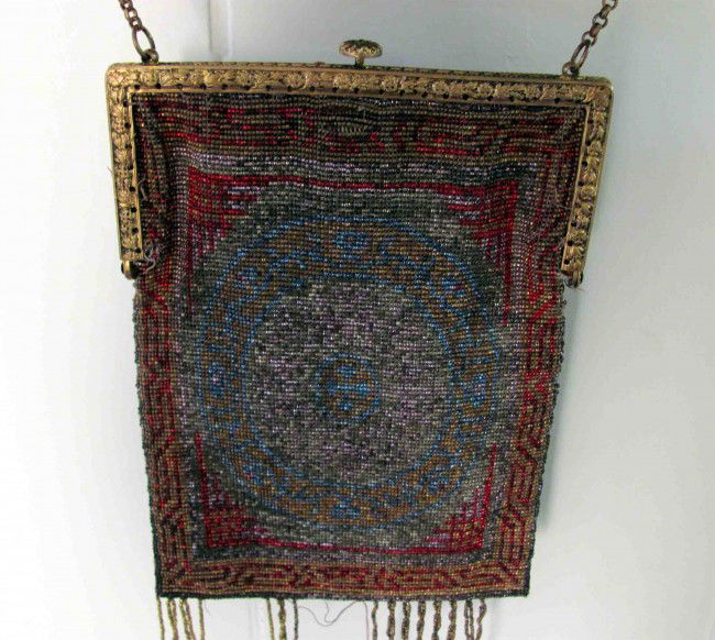 Antique Circa 1880s Hand Made Glass Beaded Bag: Antique Vintage 1880s Hand Made Glass Beaded American Hand Bag includes a small mirror inside Dimensions: 7" x 6"