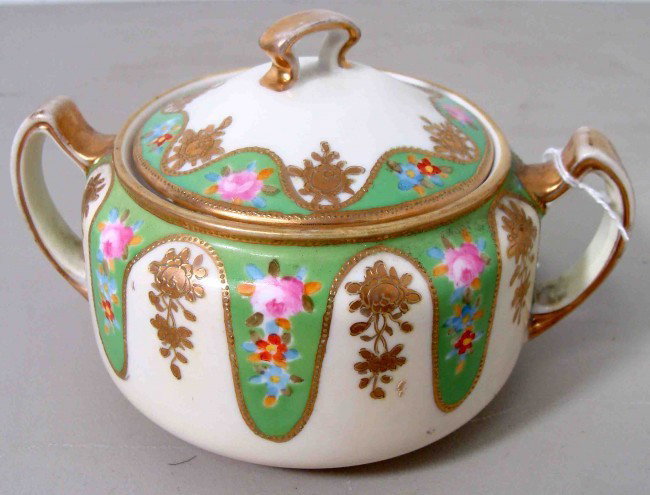 Antique Hand-Painted Nippon Sugar Bowl Gold Trim: Antique Hand-Tinted Nippon Sugar Bowl Gold Trimmed. Size: 6" X 2"