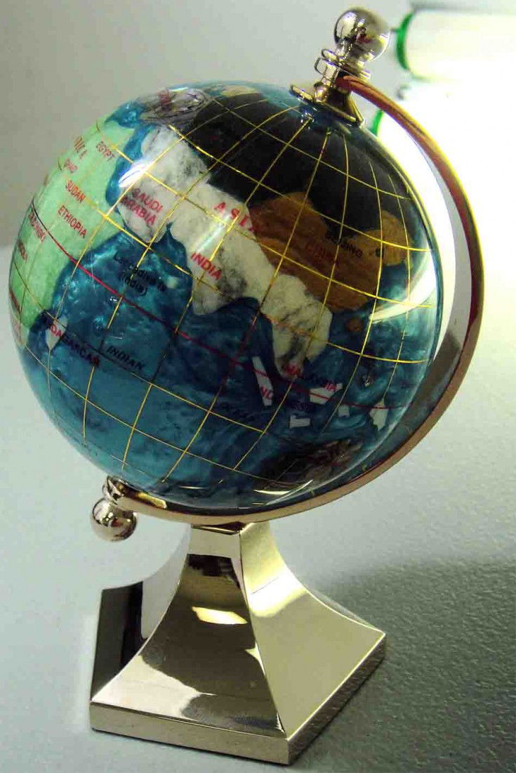 Laspis Lazuli GemStone Desk World Globe: Laspis Lazuli GemStone Desk World Globe 5.5" tall 3.5" wide Laspis Lazuli GemStone Desk World Globe 5.5" tall 3.5" wide Condition Report New Mint Condition