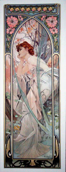 Alphonse Mucha "Evening Reverie" Giclee on Paper w: Alphonse Mucha "Evening Reverie" Giclee on Paper Hand Embellished in Silver and Gold w/COA Unframed Size: 45" x 17"