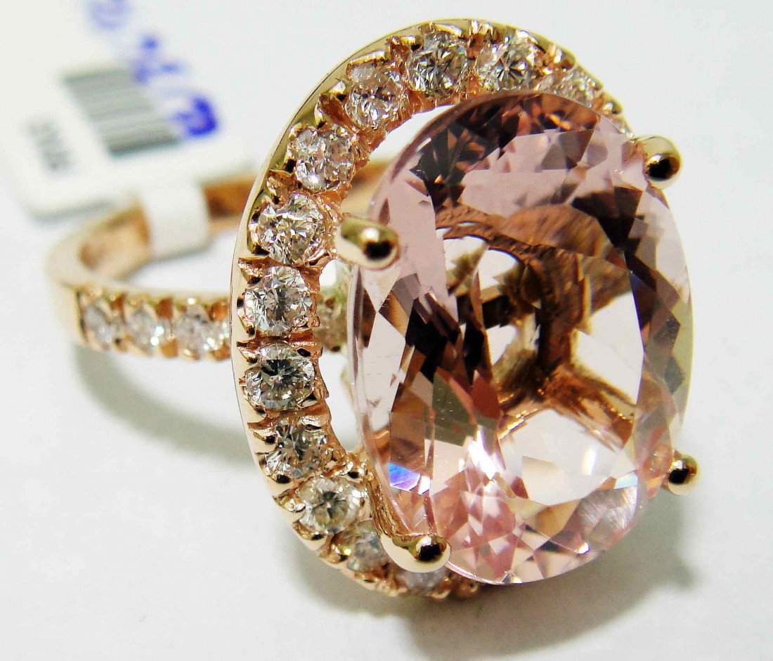 8.25ct Morganite & 1.14ct Diamond 14KT Rose Gold Ring: Total weight of Morganite: 8.25ct (Clarity: Type I, Color: Very slightly brownish & Purplish Red) Total weight of Diamonds: 1.14ct (Clarity: SI -2 to I -1, color: G-I) Total weight of Ring: 6.61 Grams