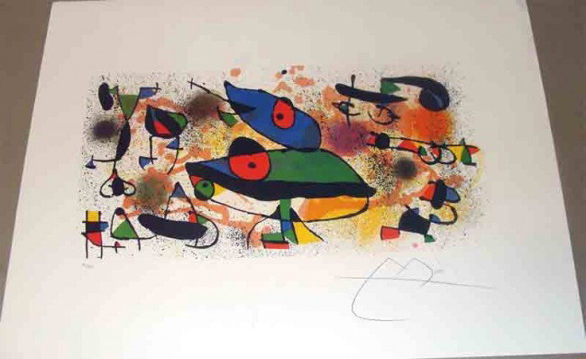 Joan Miro Abstract Lithograph 22" by 30": A beutiful composition by Abstract Master Joan Miro. This off set lithograph is facsimile signed and hand numbered 90/500 (Plates destroyed). Dimensions are 22" by 30" UNFRAMED