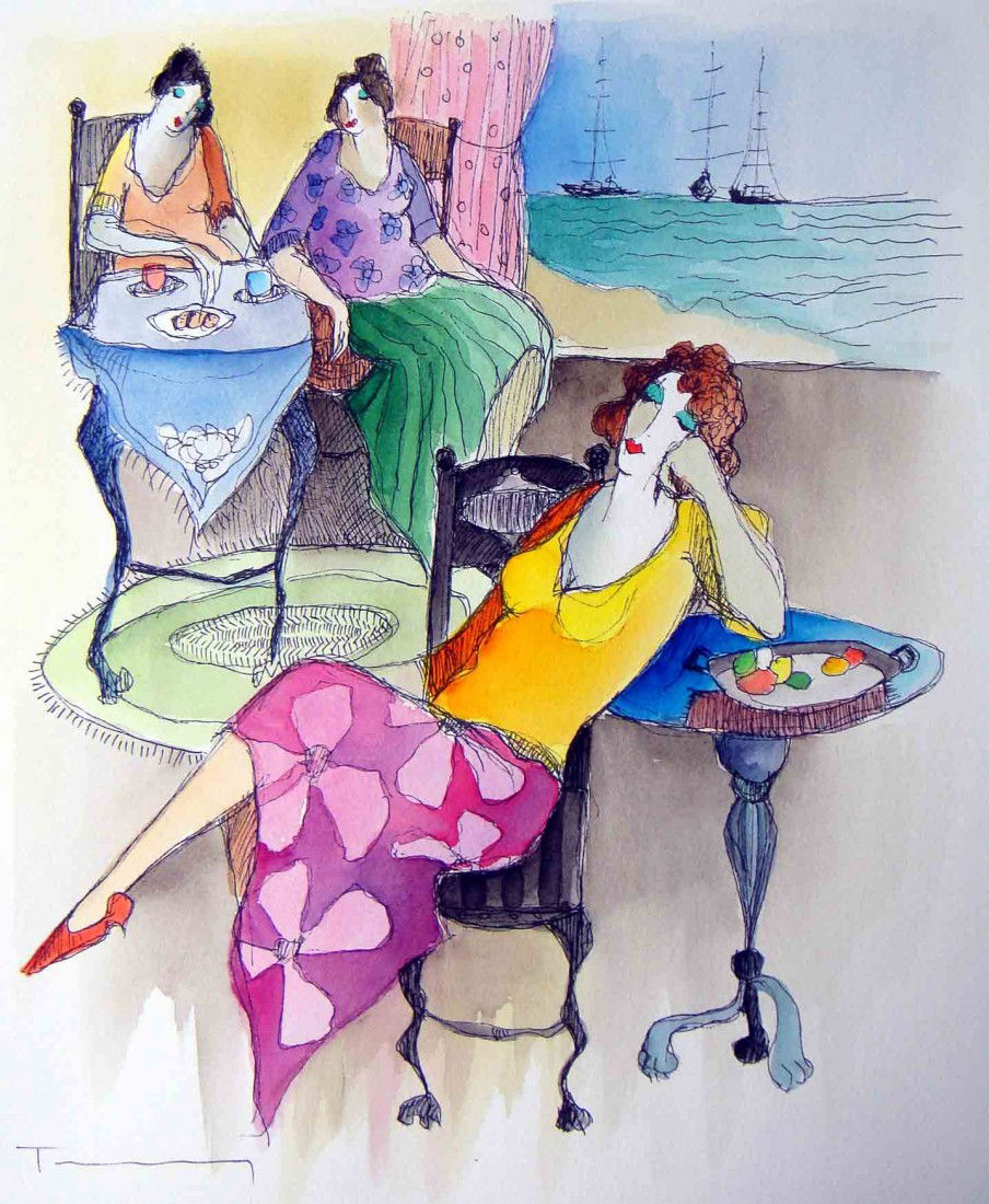 Itzchak Tarkay "Seaside Social" Watercolor Signed: Itzchak Tarkay "Seaside Social" Watercolor Signed/Numbered with Certificate of Authenticity. Edition Number: N/A Edition Size: N/A Paper Size: Approximate 15.75" x 13" Medium: Watercolor on Paper