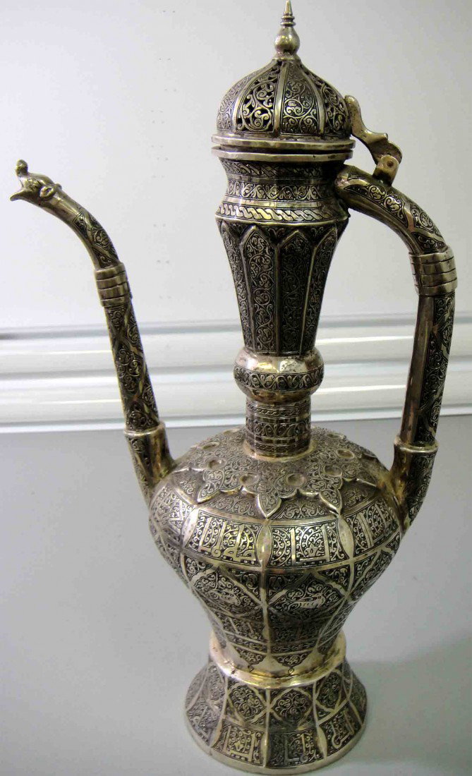 Museum Piece Persian 1267gm Pure Silver Water Pot: 100 Year Old, Museum Piece Persian 1267gm Pure Stamped Silver Water Pot with Persian Inscriptions