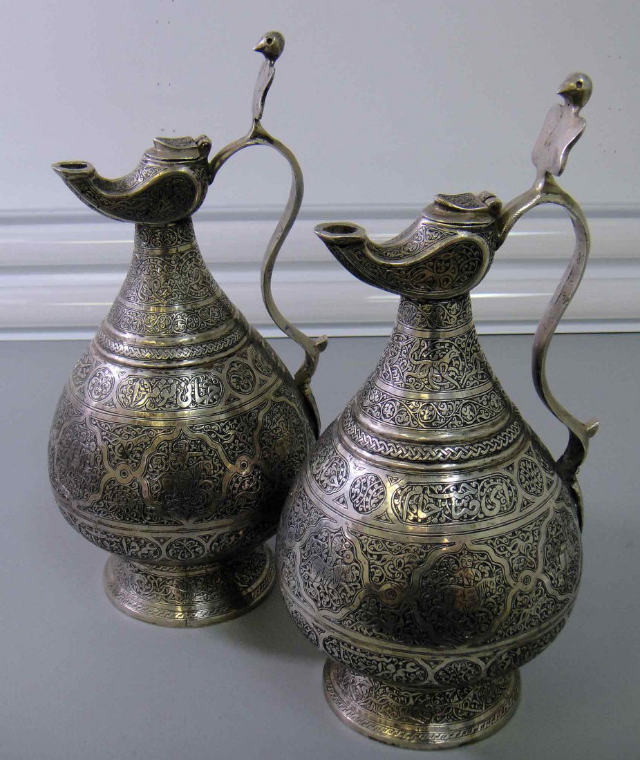 100 Year Old Persian Pair 2302gm Pure Silver Water: Museum Piece, Antique 100 Year Old Persian Pair 2302gm Pure Stamped Sterling Silver Water Pots with Very Nice Persian Inscriptions.