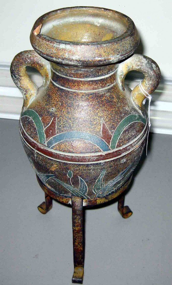 Antique Hand Carved Porcelain Vase with Metal Stan: Antique Hand Carved Porcelain Vase with Metal Stand. Actual Size of Vase: 11" x 7 Size of Vase with Stand: 14" Tall . As is .