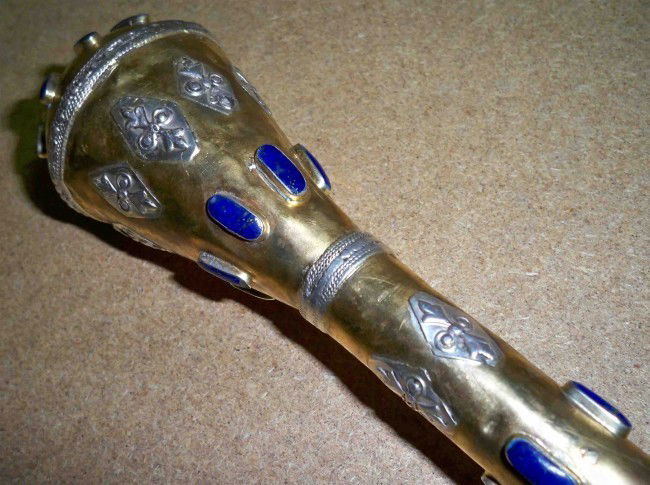 150+ Year Old Afghan Silver & Gold Plated Walking S: Antique 150+ Year Old Afghan Silver & Gold Plated Walking Stick. This ia a relic-one of a kind, with blue precious lapis stones. 33" tall, 2.5" wide(on the handle), 1" thick Condition Report Antique i