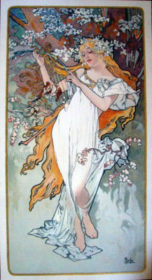 Alphonse Mucha "Spring" Giclee on Paper Hand Embel: Silver and Gold 35" x 19".Giclee on Paper Hand Embellished in Silver and Gold 35" x 19". Unframed. Condition Report: Mint