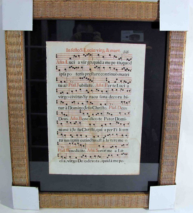 Antique Music Score Latin #345 Framed: This is a Antique Music Score in Latin It is newly framed. There are some water stains on the item Dimensions 30" by 24" Circa 1750's Condition Report Antique with water damage K295
