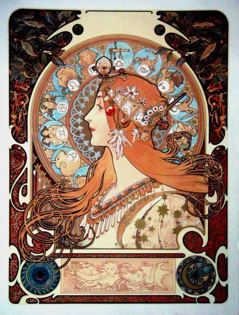 Alphonse Mucha " Zodiac: Alphonse Mucha Giclee on Paper Hand Embellished in Silver and Gold 30" x 23".