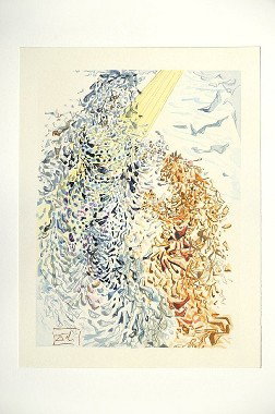 Salvador Dali "The Dust of Souls" Offset: Signed/Numbered in the plate.This is an authentic woodblock print in color by Salvador Dali from the Divine Comedy Series, 1964. Signed in the plate. Authenticated on verso by Frank Hunter, of the Sal