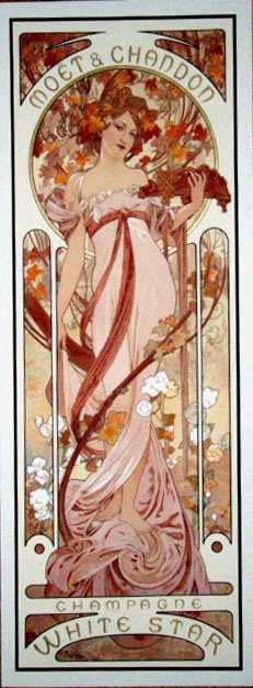 Alphonse Mucha Moet & Chandon Giclee on Paper Hand: Giclee on Paper Hand Embellished in Silver and Gold. 45" x 17"