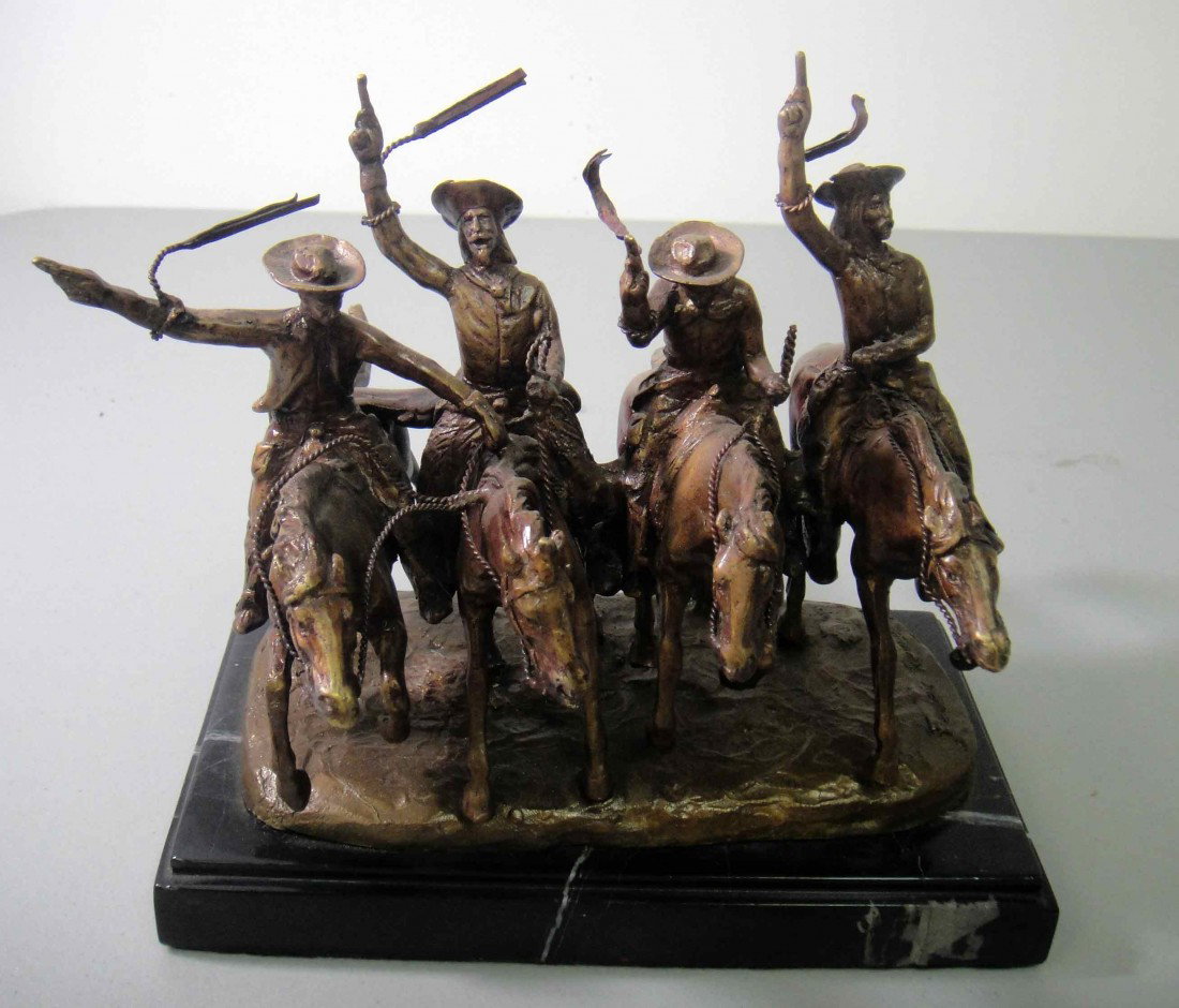 F. Remington Bronze "Coming Through" Signed Sculpt: Fredrick Remington "Coming Through" Bronze Mini Figurine with Marble Base Size: 12" Tall