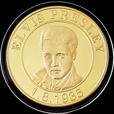 Elvis Presley 24K Gold-Plated Commemorative Coin 1: Description Diameter :1.6 inch Weight: 1oz Material : Alloy with silver inside,plated with 24 karat gold.