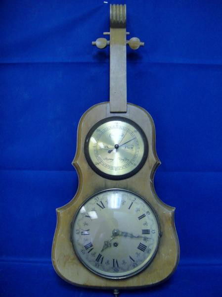 Antique German Wooden Guitar inlay with two Clocks: ORIGINAL GERMANY ANTIQUE WOODEN WATCH IN SHAPE OF GUITAR (AS IS)