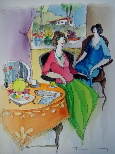 Original Tarkay Watercolor "Ladies with Flower" Signed : ARTIST: ITZCHAK TARKAY. TITLE; LADIES WITH FLOWERS ON WINDOW LEDGE. SIZE: 15.75'' x 13''. MEDIUM: WATERCOLOR ON PAPER AND SIGNED BY THE ARTIST.