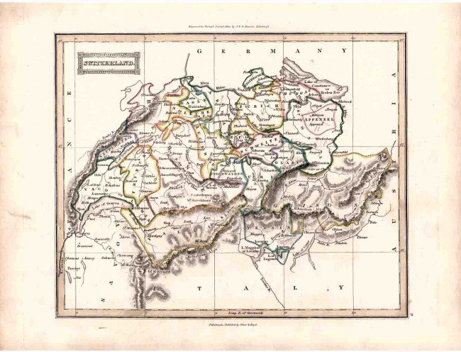 Antique 1800's European SWITZERLAND Engraved Map: Antique 1800's European SWITZERLAND Engraved Map Colored. Unframed, Paper Size: 11" x 9" MINT Condition