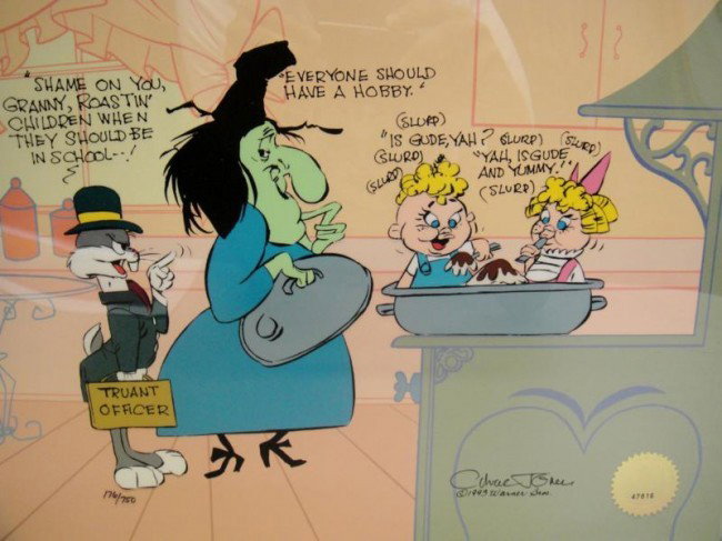 16.5'' x 13.5'' BUGS AND WITCH HAZEL: TRUANT OFFIC: 16.5'' x 13.5'' BUGS AND WITCH HAZEL: TRUANT OFFICER SERIGRAPH CREATED AND SIGNED BY CHUCK JONES, COMES WITH COA