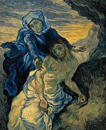 Vincent van Gogh "Pieta ": This Pietà – the Virgin Mary mourning over the dead Christ – is based on a lithograph by Nanteuil after a painting by Eugène Delacroix. Van Gogh painted it in 1889, during his confinement at the