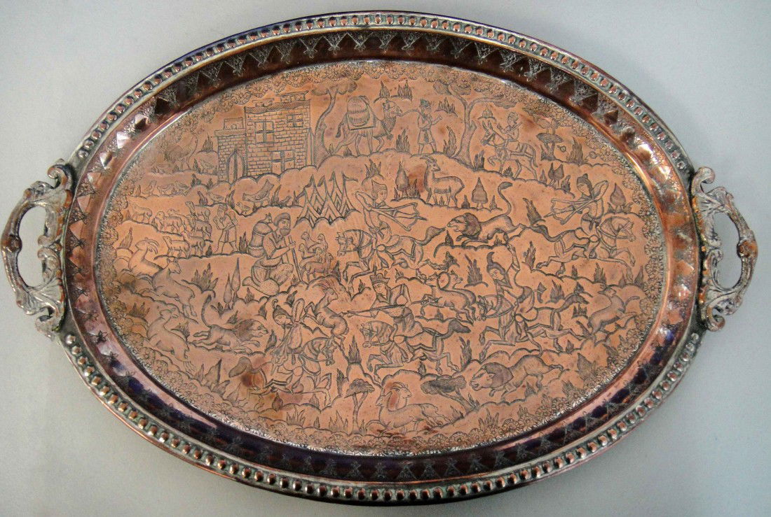 Beautiful Antique Ornate Persian Large Polished Copper: Beautiful Antique Ornate Persian Large Polished Copper Trey Engravings of animals, middle eastern tribe, trees, flowers and leaves. Total Weight of 1490 grams, Approx size: 1" H x 21" L x 14" W.