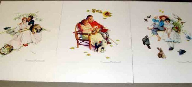Lot of 3 Norman Rockwell Prints 17"X22" each Ltd: Lot of Three Rockwell Lithographs printed by Publisher Brown & Bigelow in 1953. Signed in the plate and hand pencil numbered. UNFRAMED Dimensions (each) 17" by 22". Condition Report Excellent Conditio