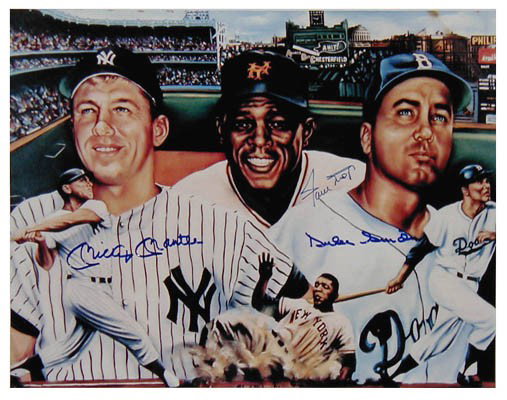 Mickey Mantle - Willie Mays - Duke Snider Autograp: This beautiful litho is autographed by Mickey Mantle, Willie Mays and Duke Snider with the New York Yankees, New York Giants, and Brooklyn Dodgers. This item comes with a Certificate of Authenticity f