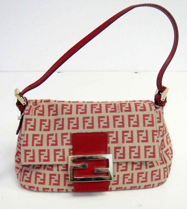 Genuine Red Fendi Pochette Canvas Mini Handbag: Genuine Authentic Red Fendi Pochette Canvas Mini Handbag. Approx Size: 12" H x 11" W (With Leather Strap)