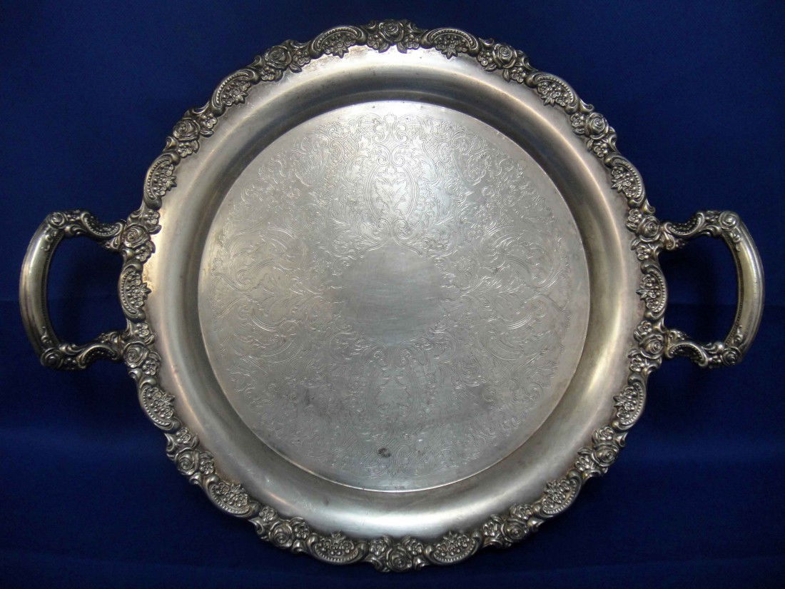 19" Handled Round Engraved Persian Copper Trey: 19" Handled Round Engraved Persian Silver on Copper Trey, Stamped.