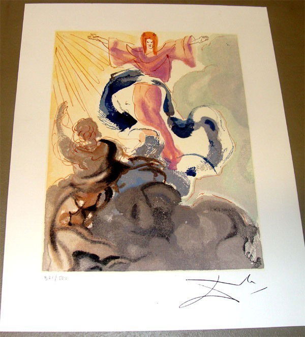 Salvador Dali Biblical Devil Scene Limited: The Pink Devil from a series of biblical images by Salvador Dali. This is a Print is done in a limited edition of 321/500 with a facsimile signature. The dimensions are 10" by 13" UNFRAMED Condition R