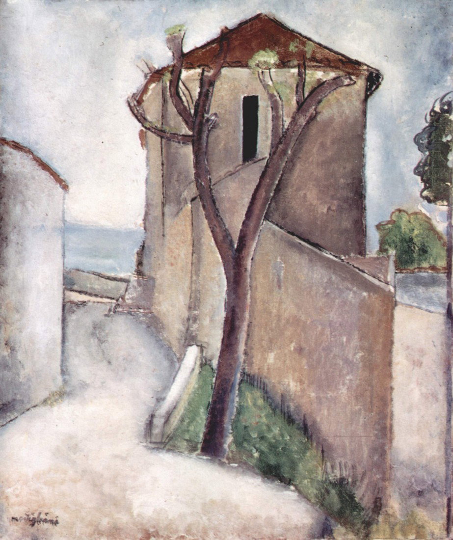 Gauguin Tree and Houses.: Artist: Amedeo Modigliani Completion Date: 1919 Place of Creation: Paris, France Style: Expressionism Genre: cityscape. size 12x16.
