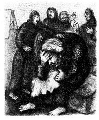 Marc Chagall (1887-1985) Lithograph Plate-Signed: Jacob, having recognized Joseph's bloodstained coat, which his sons have brought to him, believes him dead and gives away to his grief.