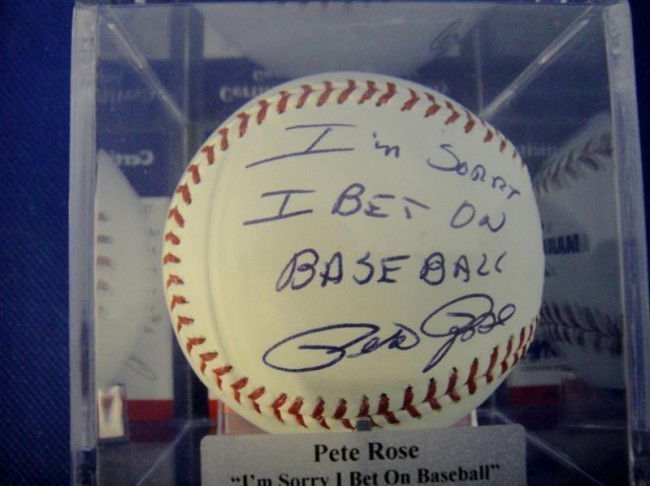 SIGNED BY PETE ROSE: SIGNED BY PETE ROSE ""I'M SORRY I BET ON BASEBALL"" BALL WITH CERTIFICATE OF AUTHENTICITY w450
